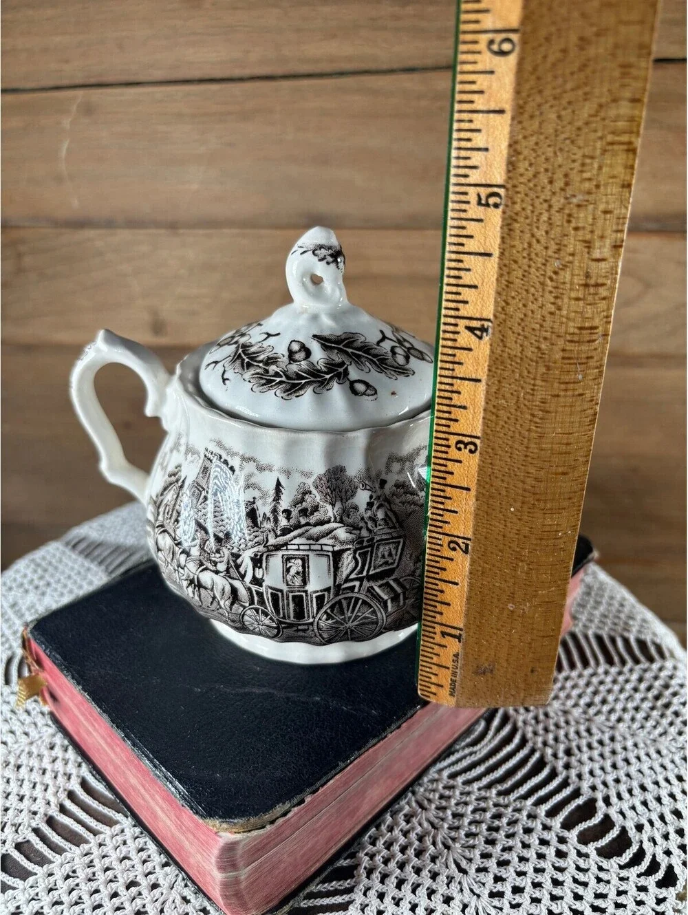Vintage English Brown & White Transferware Sugar Bowl Pot Myott Staffordshire